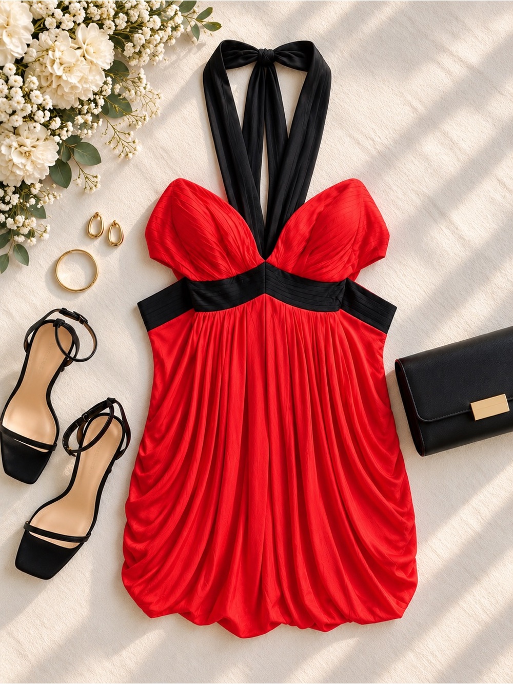 BCBGMAXAZRIA Cut Out Halter Mini Dress Bright Poppy Red Black Large NWT